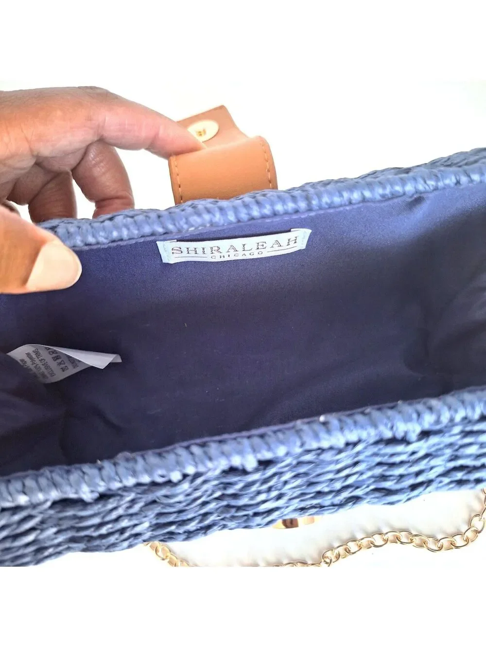 NWOT Shiraleah Blue Wicker Clutch Crossbody Blue Leather Gold Chain
